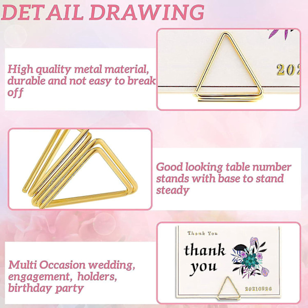 Triangle Gold Plasskort Holder - Elegant Bordnummer Stativ for Bryllup, Fest, Babyshower (Pakke med 60)