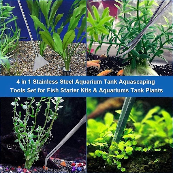 Akvarium Tank Verktygskit, 4 i 1 Akvarium Rengöringsverktyg, Rostfritt Stål Sax Spatel, Akvarium Växt Klippset för Vattenväxter, Metall Akvarium