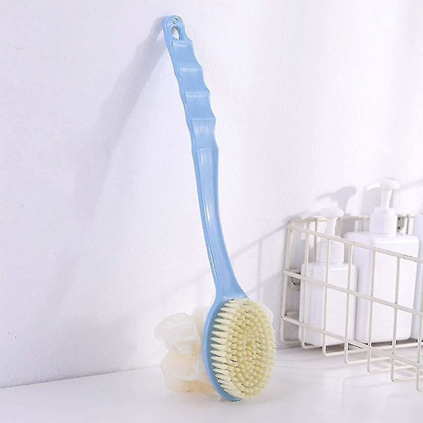 Duschborste med borst och luffa - Lång exfolierande ryggskrubb för män och kvinnor (blå)