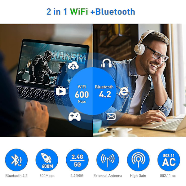 Usb Wifi Bluetooth-adapter, 600mbps Dual Band 2.4/5ghz 2 I 1 Wifi Bluetooth 4.2-adapter Trådlöst Nätverk Extern Mottagare