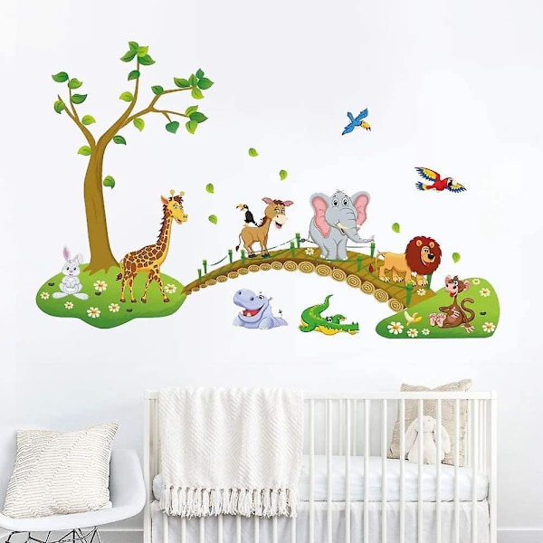 Jungle Dyre Wall Sticker Sæt - Giraf, Elefant, Abe - Fjerner Træer - Perfekt til Børneværelse og Baby Stue Dekoration