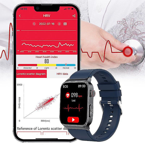 Blodsukker Smart Watch 2023 EKG Blodtryksmåler Sundhedsmonitor Fitness Tracker IP68 Vandtæt Smartwatch til Mænd og Kvinder Silicagel Sort