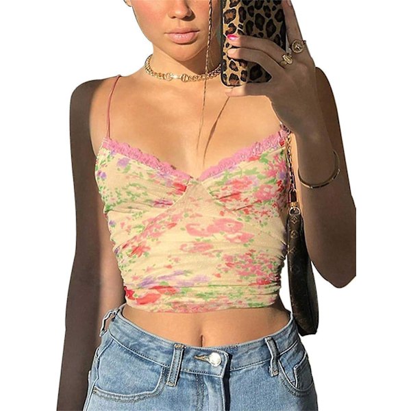 Dame Blonde Crop Top Sexet Camisole Rygløs Slim E-Girl Camisole Ærmeløs Sommer Gennemsigtig Camisole Top blomstret gul L