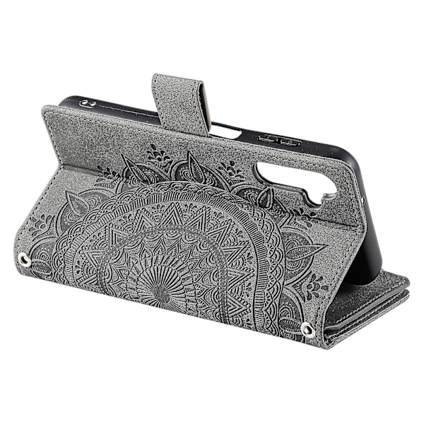 För Samsung Galaxy A54 5G PU Läder Mandala Blomma Präglat Handväska Blixtlåsficka Fodral Ställ Flera Kortplatser Flipskydd med Rem-B6 Grå