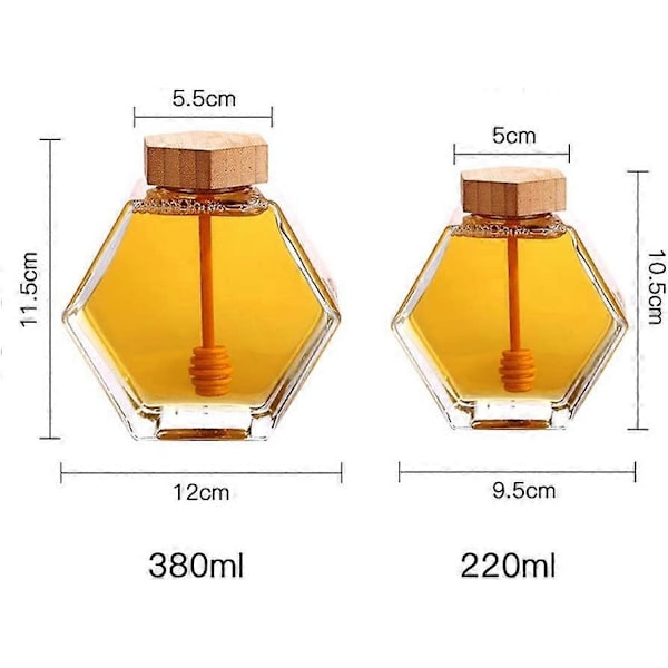 Honungsburk Klar Tjockt Glas Hexagon Form Honungskruka Burkbehållare med Träslev och Korklock Tom Påfyllningsbar Sirap Bikupa Dispenser Matförvaring