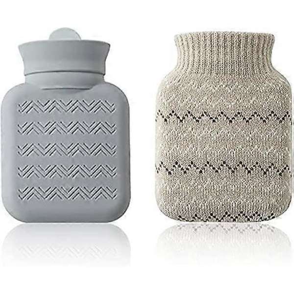 Grå Liten Varmtvannsflaske, med Strikket Trekk, Mini Håndvarmere i Silikon, Kan Varmes i Mikrobølgeovn, Varm og Kald Terapi Vannposer, Egnet for Barn og