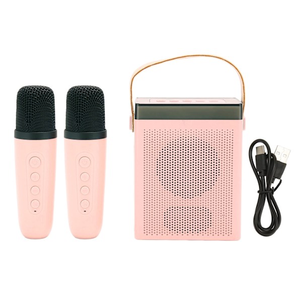 Karaoke-maskin multifunksjonell RGB-belysning bærbar Bluetooth-høyttaler med 2 trådløse mikrofoner for voksne og barn rosa