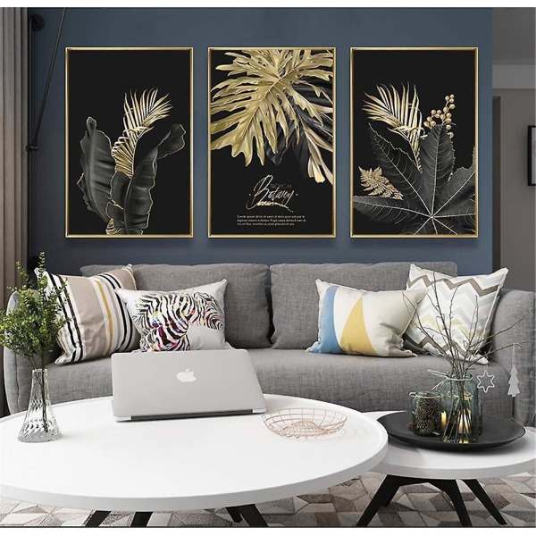 3-delt skogmotiv veggplakatsett med gylne blader og palmedesign, uinnrammet, veggdekor i stue