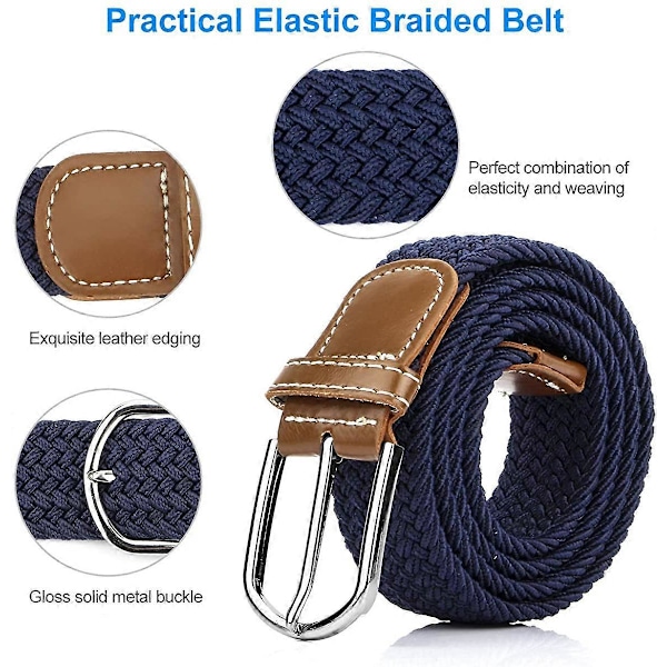 2-pack vävda stretchbälten för dam, blå + svart elastiskt bälte för herr för jeans och byxor