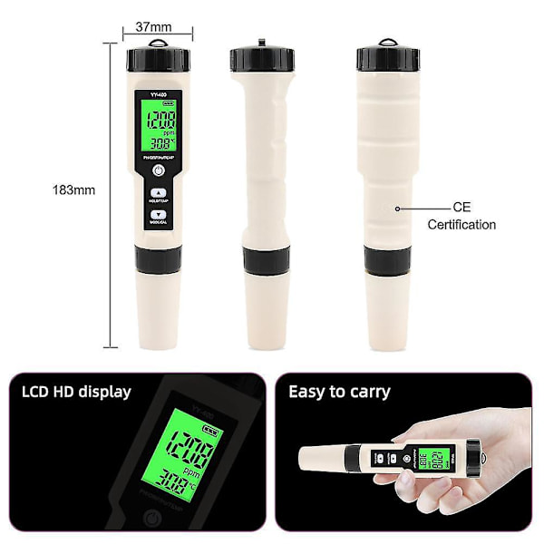 4 I 1 Yy-400 Ph/orp/h2&tem Måler Digital Hydrogen Ion Koncentrationstester Kompatibel Akvarium, Swimmingpool, Baggrundslys-B10