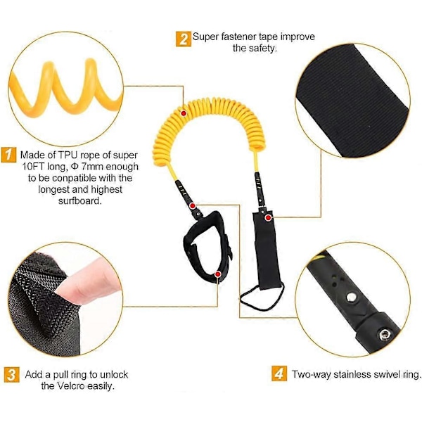 Surfboard Leash, 10ft TPU Paddle Board Ankelrem Coiled Bodyboard Leash Stand Up Paddle Board Spri