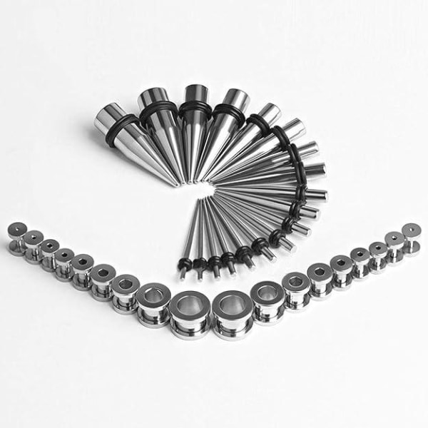 36-pack expanderbara öronproppar (silver) metall 18 expanderbara öronproppar + 18 bågade dubbla hål i rostfritt stål 1,6 mm - 10 mm