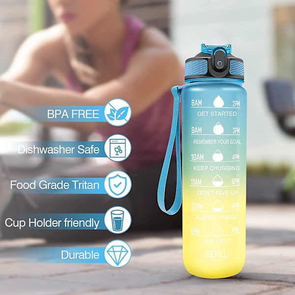 Läckagesäker BPA-fri vattenflaska med timer och sugrör - 1L, blå och gul - Perfekt för vandring, cykling, camping, yoga, gym och skola