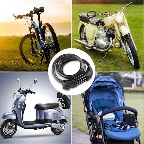 Sort, cykellås, lang 120 cm x 12 mm, tyverisikringskabel til cykel, scooter, motorcykler, cykelport med 5-cifret intelligent kode