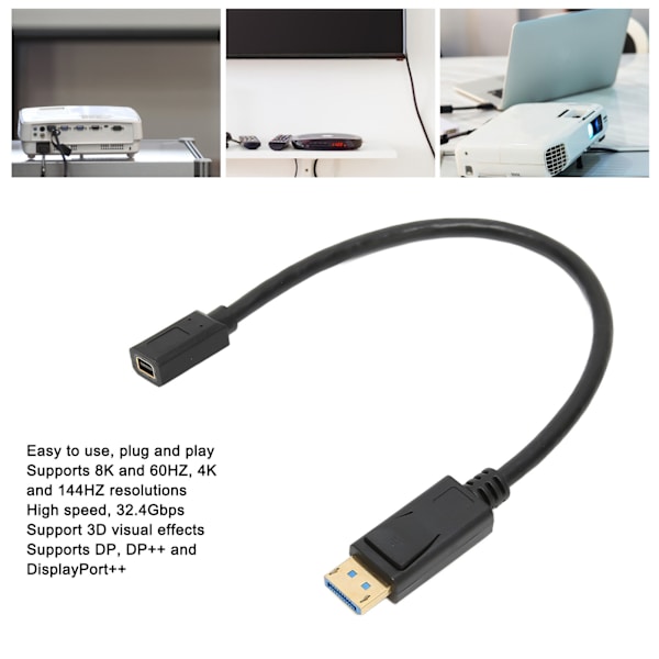 DP hane till mini DP honkabel 8K 60Hz 4K 144Hz 32,4Gbps 30cm längd Displayportkabel 1.4 för dator