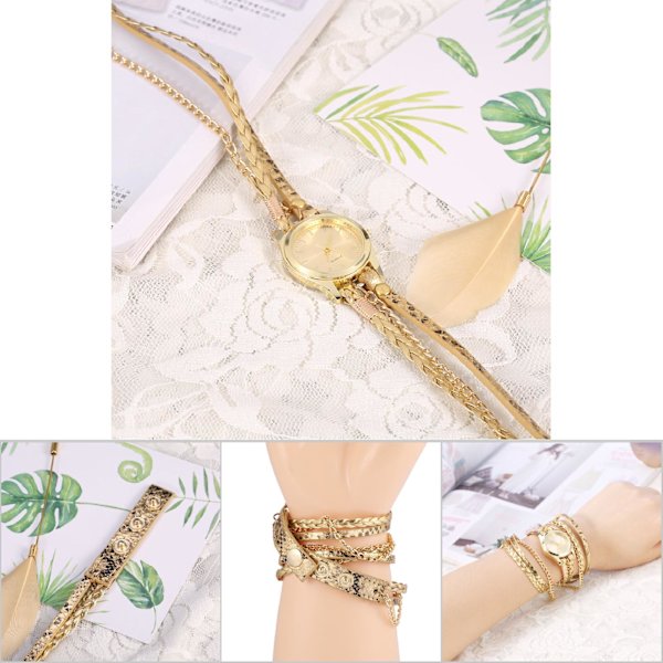 Kvinnor Braid Weave Armband Quartz Analog Rund Watch Armbandsur (Guld)