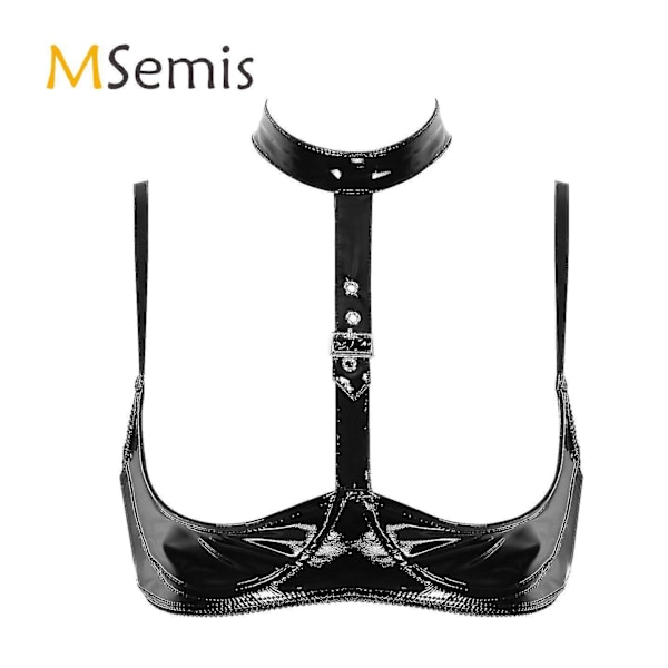 Sexet Wet Look Laklæder Lingerie Halter Top med Justerbare Spaghetti Stropper og Åbne Kopper S Sort
