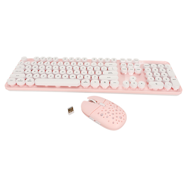 Trådlöst tangentbord och muskombination Pure Color Retro 2.4G trådlös tangentbordsmus med runda knappsatser och numeriskt tangentbord Rosa kort