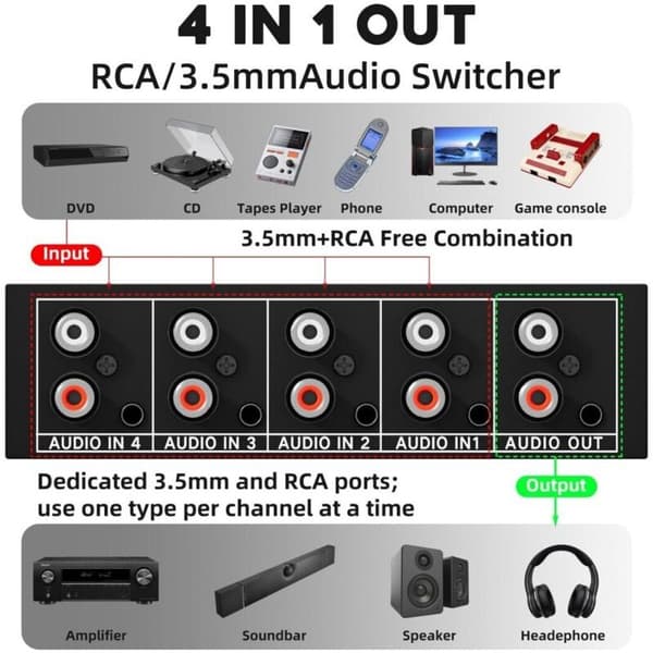 4-indgangs RCA til 1-udgangs lydvælger, 3,5 mm stereo switch, A/B analog signal splitter