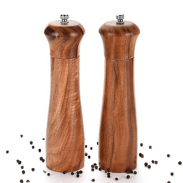 Premium Wooden Salt and Pepper Grinder Set - 8 Inch Refillable Mills with Adjustable Ceramic Grinding Mechanism