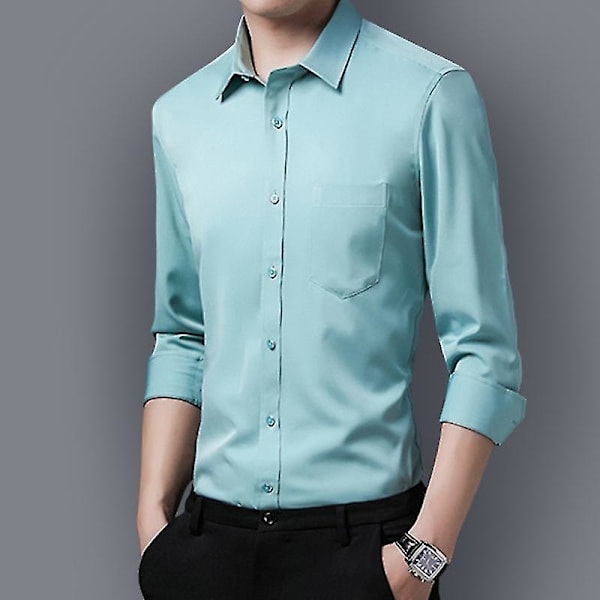 Smallast Slim Fit Solid Färg Män Herrkläder Långärmad Knapp-Ner Klänningsskjorta - Ljusgrön