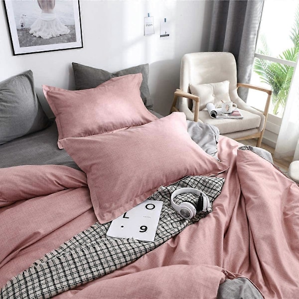 Dynetrekk Dobbeltsengsett, 4 Deler Mikrofiber Ensfarget Rutete Sengsett med 2 Putetrekk og 1 Laken (220x240cm, Rosa)