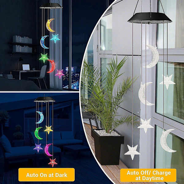 Solcellsdrivna vindspel med färgbyte, måne- och stjärndesign, LED-dekorativ mobil, vattentäta utomhuslampor för trädgård och uteplats - Perfekt present till mamma