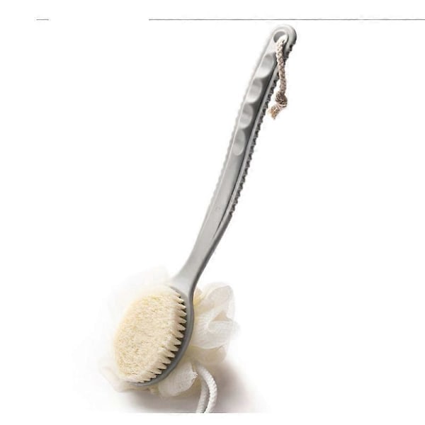 Bade- og dusjbørste med bust og loofah, ryggskrubber badenett svamp med bueformet langt håndtak, brukt til hudeksfoliering og bading, massasje