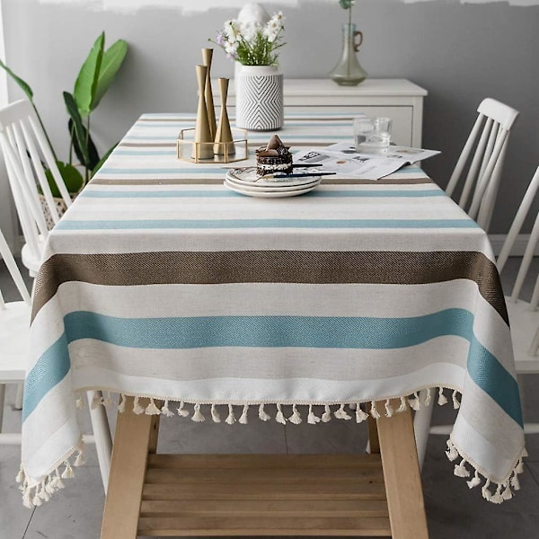 Stripete blå og hvit rektangulær duk med pompom dekorasjon 140x300cm