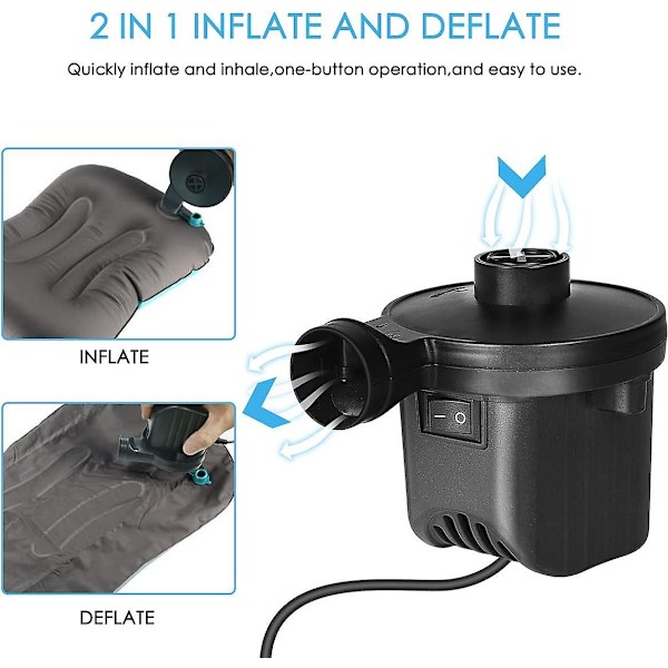 Elektrisk luftpump för uppblåsning/tömning - 3 munstycken ingår - Perfekt för madrasser, campingkuddar, vattenbäddar, båtar och simringar