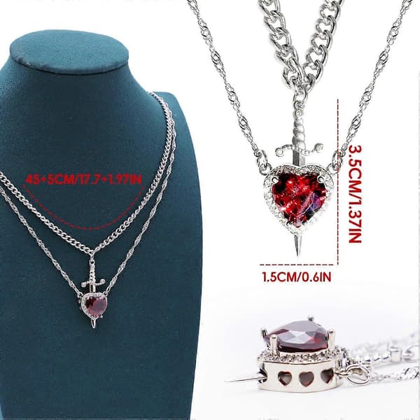 Halskæde til par med hjerte og sværd, forgyldt rustfrit stål, lyserødt hjerte med zirconia, trendy matchende halskæde med sværd gennem hjerte silver red