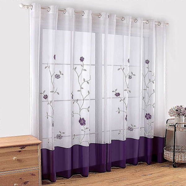 Set med 2 Blomsterbroderade Skira Öljettgardiner för Sovrum Kök Vardagsrum, 140cmx175cm, Lila