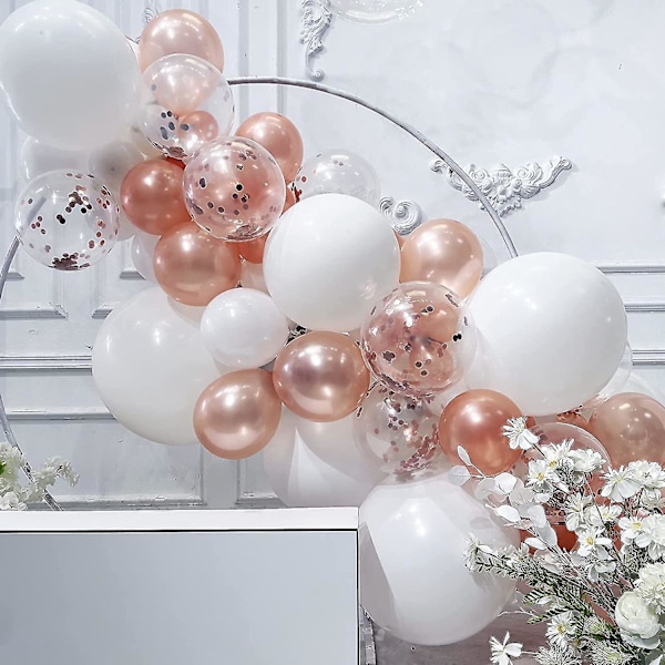 Rose Gold og Hvid Ballonbue Kit - 100stk, med Konfetti og Klar Latex Balloner til Brudebad