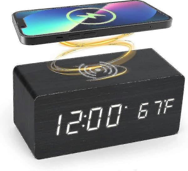 Multifunctional LED Digital Electronic Alarm Clock Desk Charging Clock Wireless Charging Digital Wooden Clock yellow