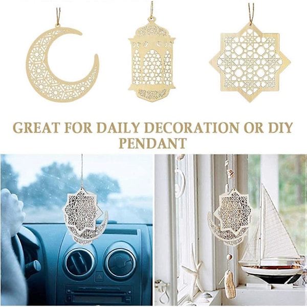 Puupalapuiset ontot riipuskoristeet, puiset Eid Mubarak -koristeet, käytetään Eid Mubarak -koristeluun, kodin sisustukseen (kuu, kahdeksankärkinen tähti, tuuli)