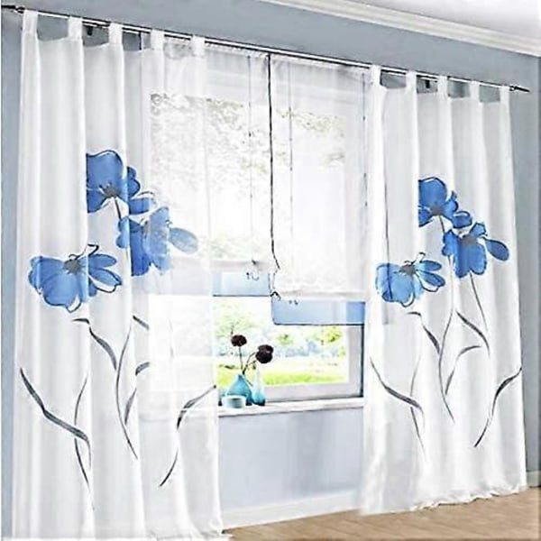 2 Stykker Gardinsjal Gardin Blomsterprint Gardin for Stue Soverom Løkke Sjal (Bredde 150cm Høyde 175cm, Blå)