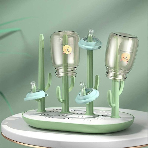 Tørkestativ for babyflasker, kaktusdesign, dryppstativ for flasker og tilbehør (Grønn)