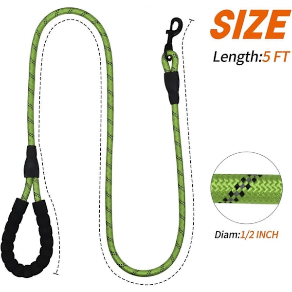 Grønn, 1,5 m lang nylon hundebånd med polstret håndtak, for daglig gåing og trening, egnet for mellomstore og store hunder