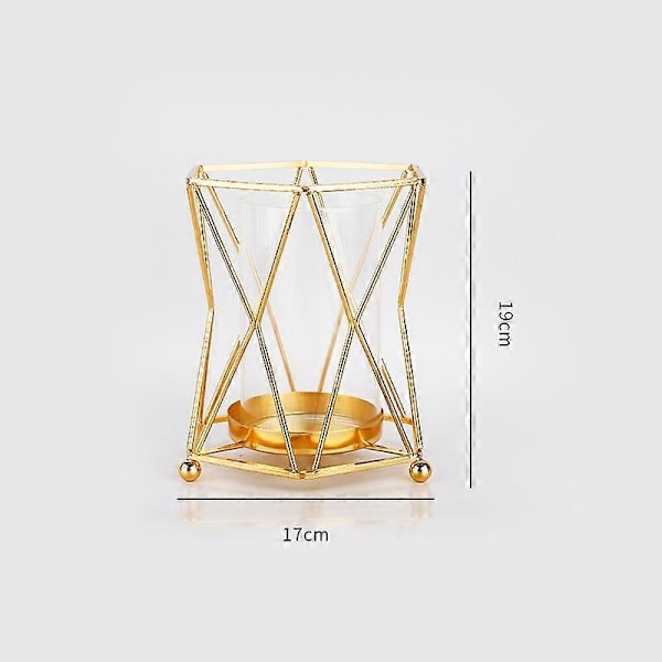 Glasvas med geometriskt metallstativ, guld ljusstake för pelarljus, 19 cm hög
