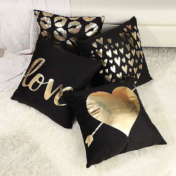 Blødt gyldent pudebetræk med varmt stempel hjerte kærlighed kys pudebetræk til seng sofa stue soveværelse 45 x 45 cm sæt med 4 (Love in Black)
