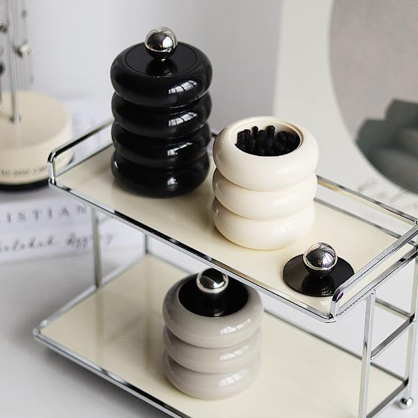 Nordisk stil Qtip-holder Dispenser Desktop Støvsikker Bomuldspind Opbevaringsbeholder Donut Form Makeup Opbevaringsboks med låg Sort 4 lag