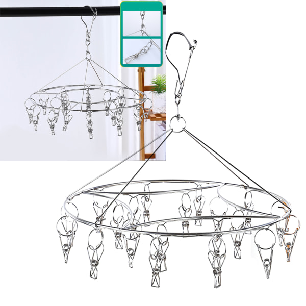 Tøj tørrestativ i rustfrit stål med flere clips til vasketøj, undertøj, sokker, hat, rund