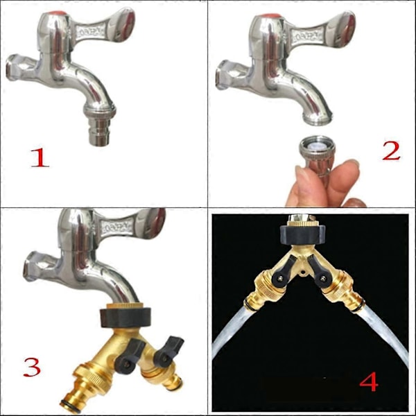 Messing 2-vejs vandhanestik Adapter Dobbelt vandhane Havestik Adapter med individuelle On/Off ventiler til hjemmekøkken have udendørs