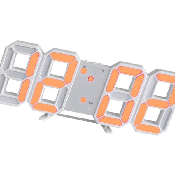 3D LED Väggklocka Minimalistisk Väggmonterad Väckarklocka för Hem Vardagsrum Kontor Vit Font Orange Bokstav