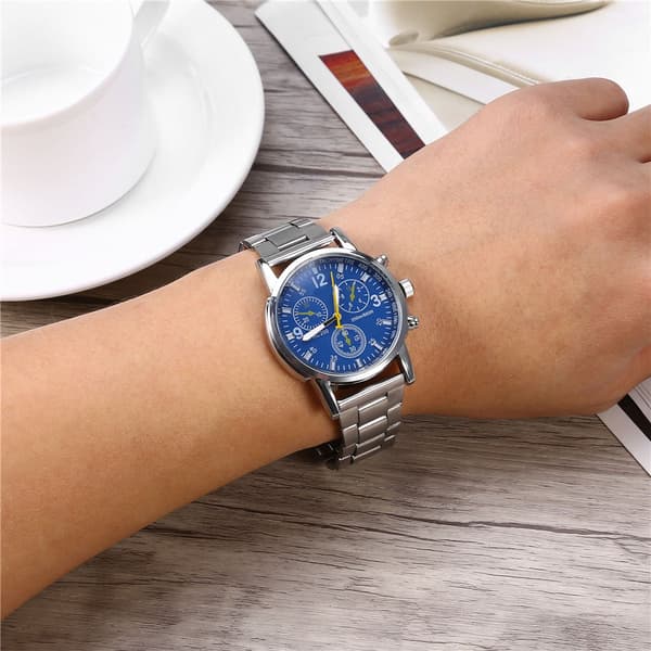 Herre Analog Ur Rustfrit Stål Rem Alloy Urkasse Armbåndsur (Blå)