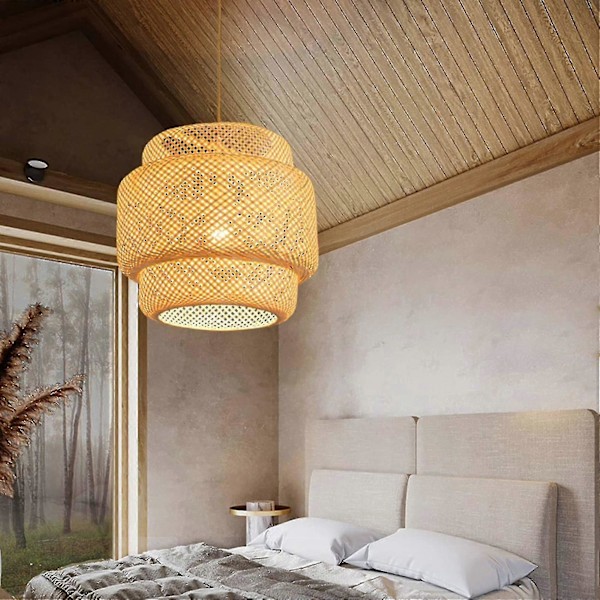 Pendellampe Tak Retro Cafe Lamper Loft Japansk Stil Håndvevd Bambus Vevd Lampeskjerm Zekai