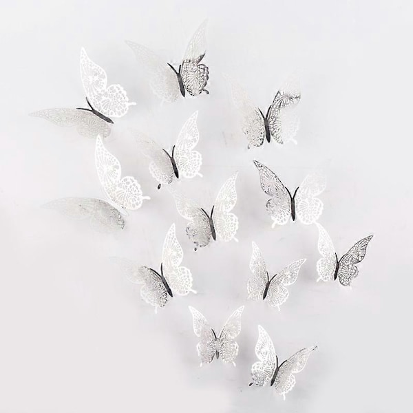 12 st 3D (Silver) Fjäril Väggdekaler 3 Storlekar Fjäril Väggdekorationer Rum