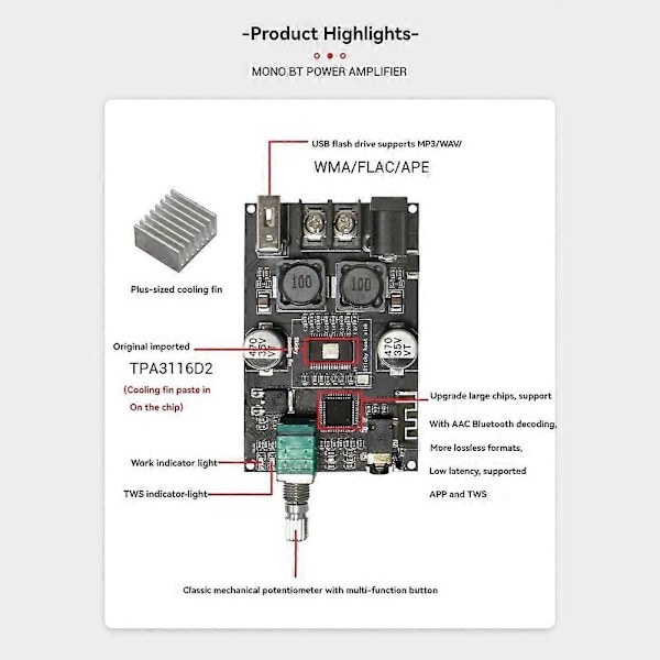 Bluetooth Audio Forstærker Board Modul med TWS til Hjemmebiograf, 1 sæt