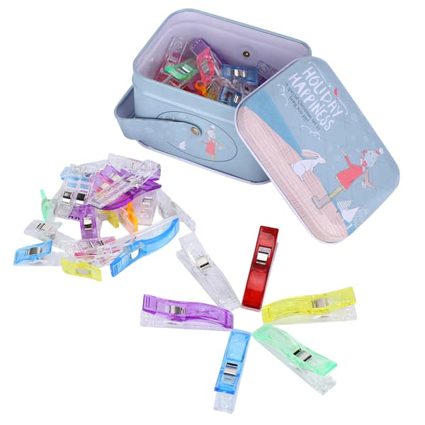 65 stk. syclips i plast, assorterede farver, til oplægning, patchwork, med hul, lang hale, til stofstrikning