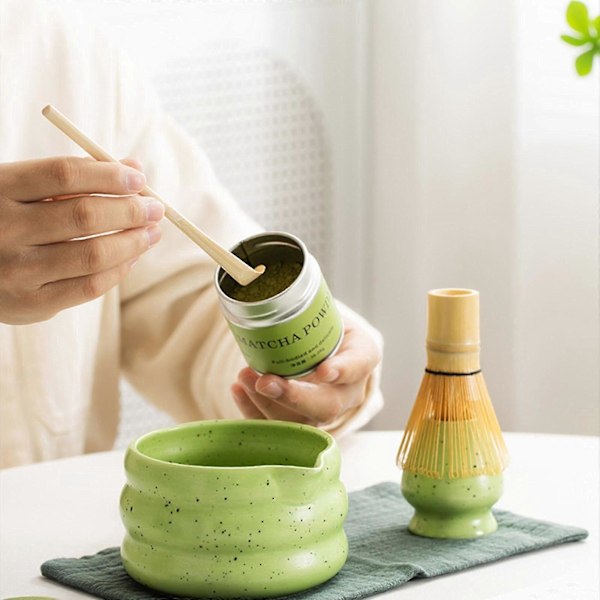 2 stk. Traditionel Matcha Skål med Piskholder Håndværk Stue Te Skål Grøn